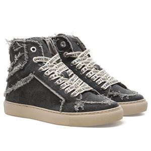 Zadig & Voltaire Distressed High-Top Sneakers in Charcoal and Beige